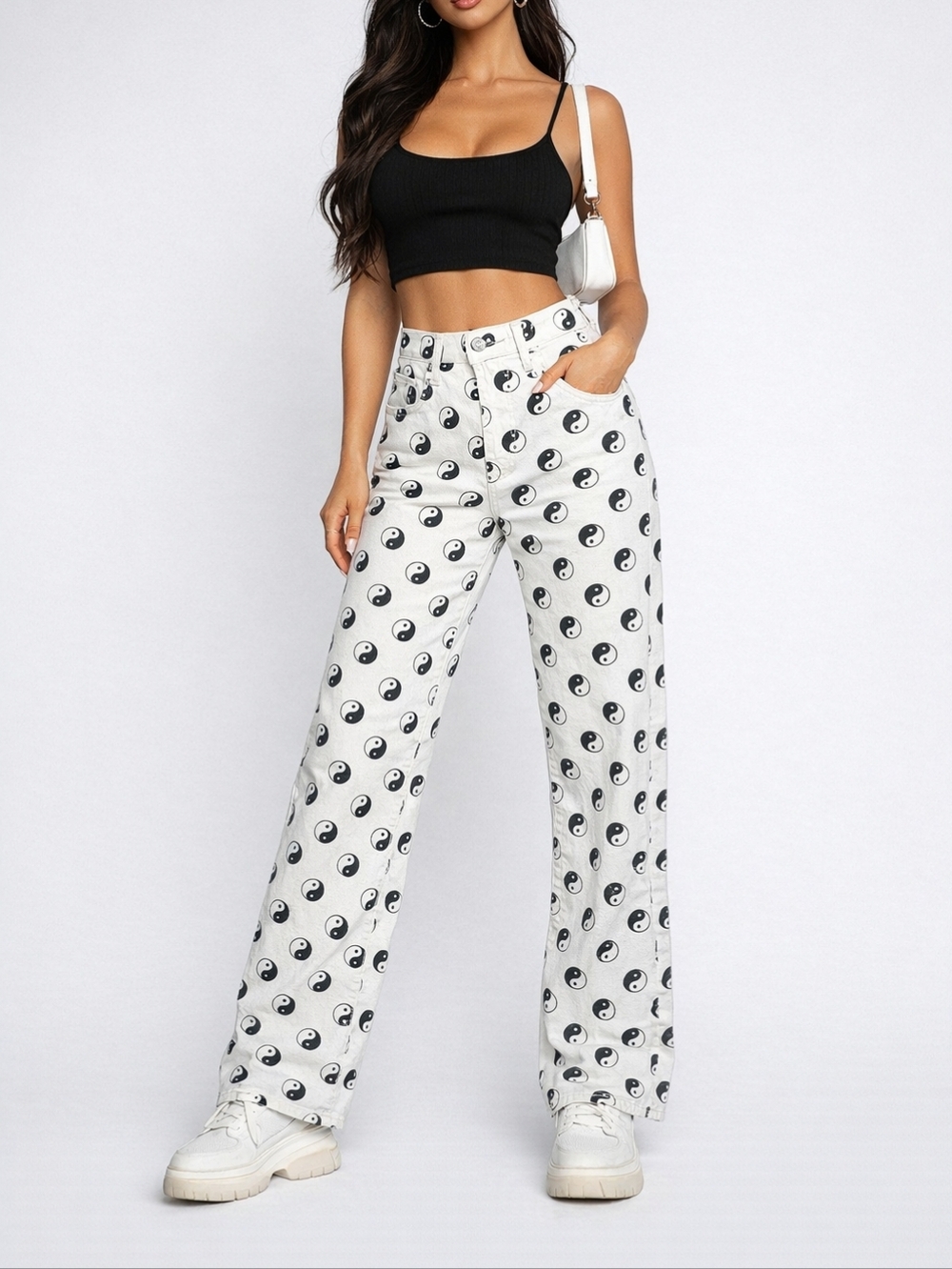 Fashion Nova Yin Yang Jeans Y2K Wide Leg High Rise Black White Size 0 Streetwear